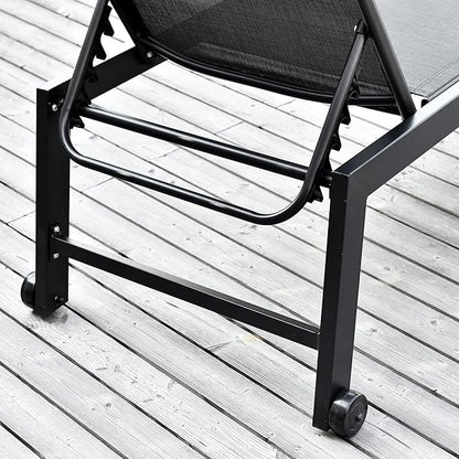 Outsunny Outdoor Chaise Lounge with Wheels, Five Position Recliner for Sunbathing, Suntanning, Steel Frame, Breathable Fabric for Beach, Yard, Patio, Black