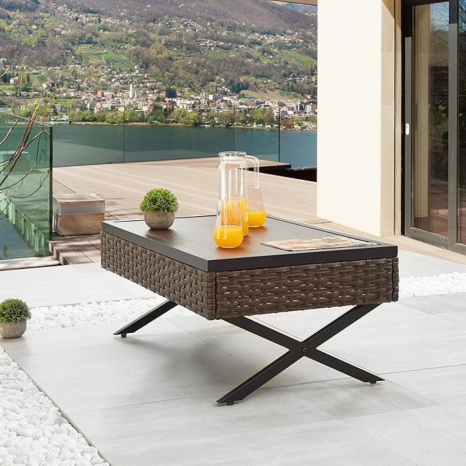 LOKATSE Home Outdoor Side Wicker Table Patio Rattan Bistro Furniture Metal Frame End Coffee Tables with X Shaped Steel Legs & Wood Grain Desktop