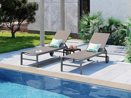 SUNLEI Lounge Chair for Outside Set of 4, Patio Chaise Lounge Outdoor w/ 5-Position Adjustable Backrest, Movable Pool Recliner Lounge Chairs, Tanning Chair for Patio, Khaki