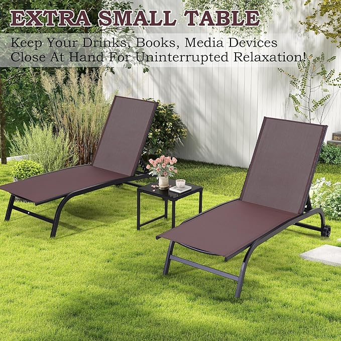 EROMMY Patio Chaise Lounge Chair Set of 2 with Table, Adjustable Backrest & Wheels, Oversized 26" W Outdoor Poolside Recliners for Garden, Deck, Lawn, Backyard