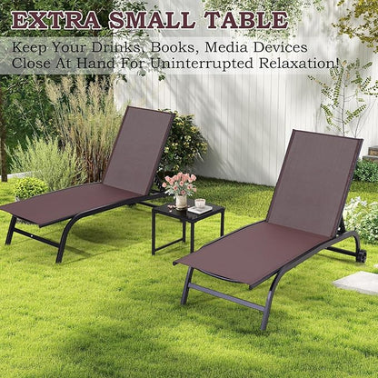 EROMMY Patio Chaise Lounge Chair Set of 2 with Table, Adjustable Backrest & Wheels, Oversized 26" W Outdoor Poolside Recliners for Garden, Deck, Lawn, Backyard