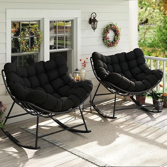 Kromax Oversized Outdoor Papasan Rocking Chair Set of 2, Wicker Egg Chair Rocker for Outside, Comfy Patio Rocker, Large Indoor Rocking Recliner, Modern Egg Style, Black