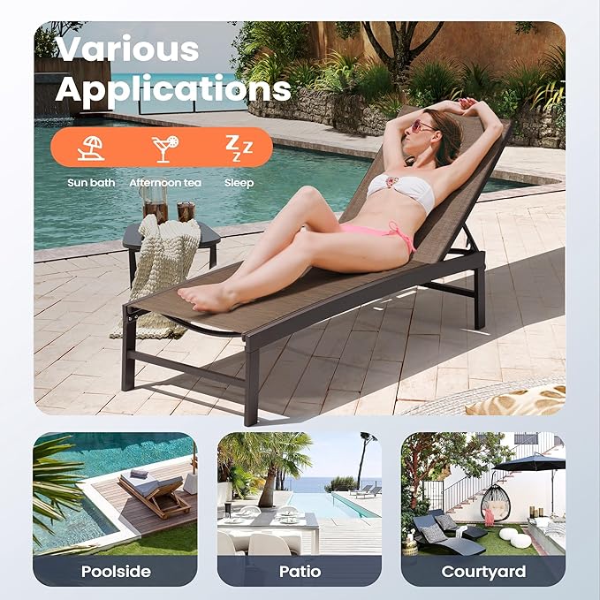 Pellebant Outdoor Lounge Chair, Patio Aluminum Chaise Lounge with Adjustable Backrest - Photo 8