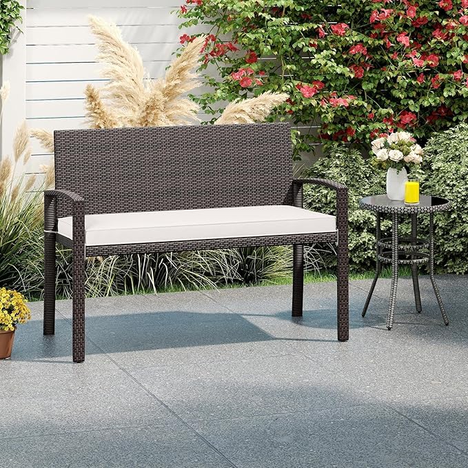 Byroce Outdoor Rattan Bench, Patio Loveseat with Backrest, Armrest & Removable Cushion, Upholstered Wicker Love Seat Furniture for Balcony, Backyard, Porch & Garden, Rustic Brown