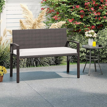 Byroce Outdoor Rattan Bench, Patio Loveseat with Backrest, Armrest & Removable Cushion, Upholstered Wicker Love Seat Furniture for Balcony, Backyard, Porch & Garden, Rustic Brown