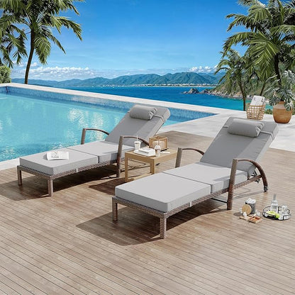 GarveeHome Chaise Lounge Outdoor Set of 2, PE Rattan Wicker Pool Lounge Chairs with 5-Level Backrest, Cushion, Armrest and Wheels, Easy Assembly, Outside Furniture for Garden, Patio, Beach, Grey