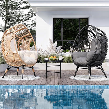 Oversized Wicker Egg-Chair Outdoor Indoor Rattan Patio Egg Lounge Chairs with Cushion 500lbs Capacity for Living Room, Balcony, Backyard(Beige)