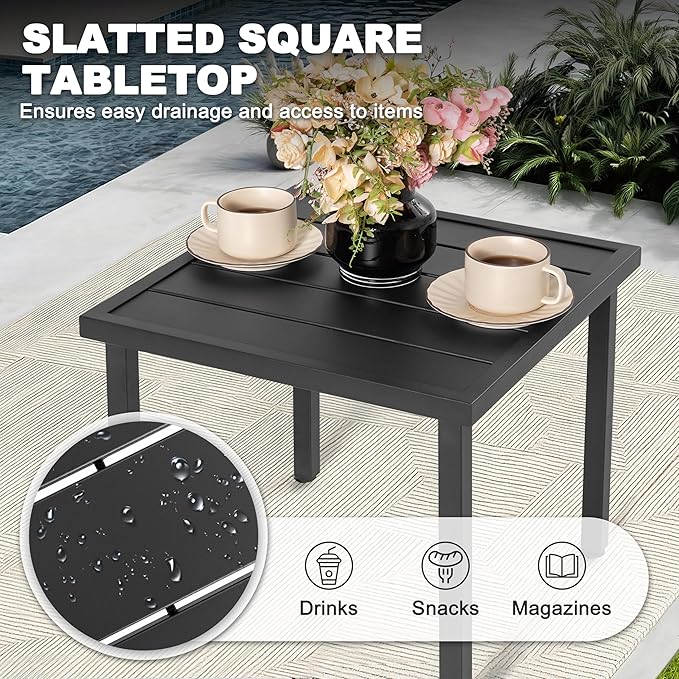 NUU GARDEN Square Outdoor Side Table with Slatted Top and Adjustable Feet, Powder-Coated Metal Patio Table, All-Weather Patio Coffee Table for Backyard Pool Porch Garden Lawn, Black