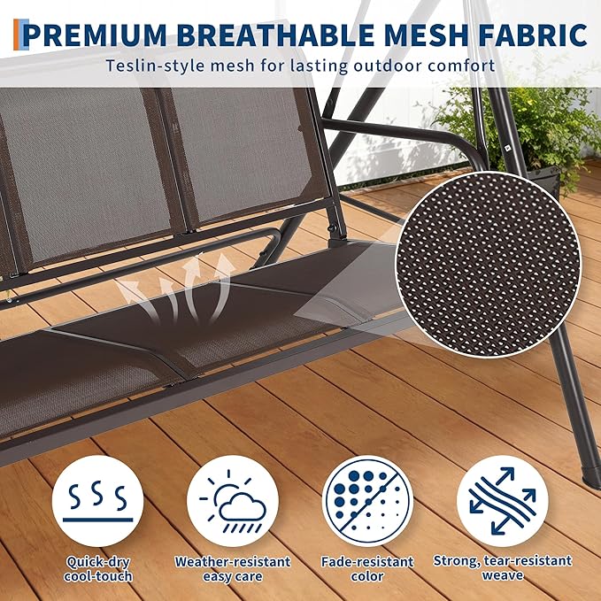 Porch Swing with Adjustable Canopy for Adults 3-Seat Outdoor Waterproof Textilene & Steel Frame Patio Swing Bench for - Photo 5