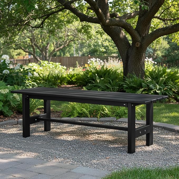 Tangkula 47 Inch HDPE Outdoor Bench Backless, Patio Garden Dining Bench with Slatted Seat & Heavy-duty Metal Frame, 660 LBS Capacity, Weatherproof Outside Bench for Park, Yard, Entryway & Porch, Black