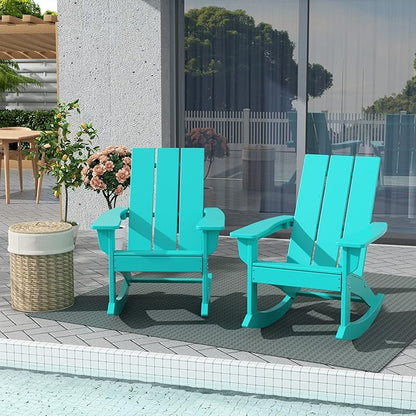 WestinTrends Ashore Patio Rocking Chairs Set of 2, All Weather Poly Lumber Plank Adirondack Rocker Chair, Modern Farmhouse Outdoor Rocking Chairs for Porch Garden Backyard and Indoor, Turquoise