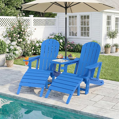 JY QAQA Outdoor Adirondack Chair Set of 2 with Detachable Table & Ottoman, All-Weather HDPE Patio Furniture with Wood Texture & Cup Holder for Patio, Poolside, Garden, Blue
