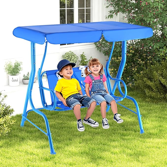 KOTEK Kids Patio Swing, 2-Seater Outdoor Hanging Bench with Adjustable Canopy, Safety Belt & Curved Armrest - Photo 1