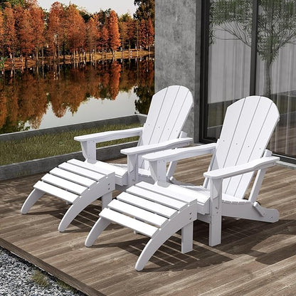 WestinTrends Malibu Outdoor Lounge Chair Set, 4-Pieces Adirondack Chair Set of 2 with Ottoman, All Weather Poly Lumber Patio Lawn Folding Chair for Outside Pool Beach, White