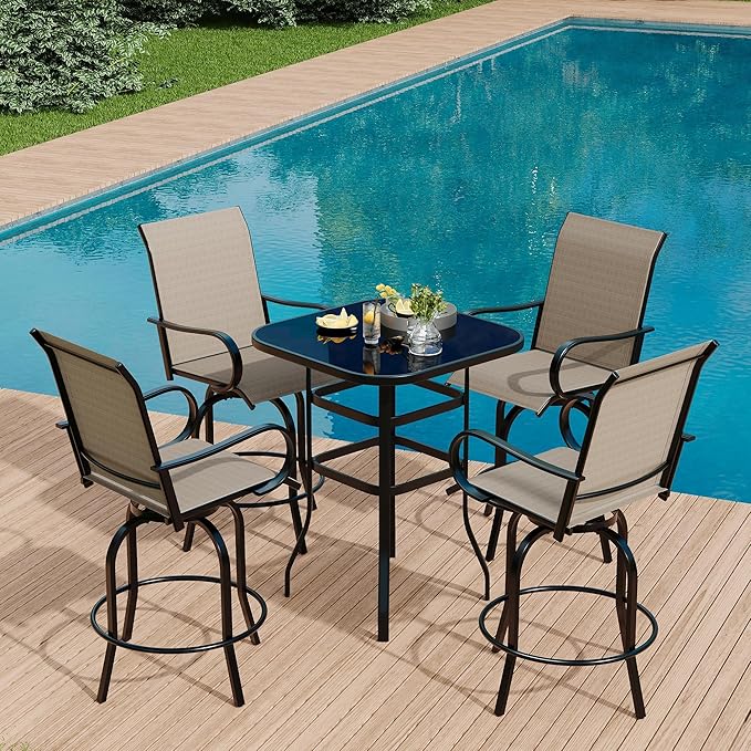 IDEALHOUSE 5 PCS Outdoor Bar Height Dining Set, 4 Swivel Bar Stools with 1 High Top Glass Table, All-Weather Metal & Textilene Patio Furniture Set for Backyard, Porch, Balcony, Poolside, Garden