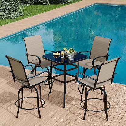IDEALHOUSE 5 PCS Outdoor Bar Height Dining Set, 4 Swivel Bar Stools with 1 High Top Glass Table, All-Weather Metal & Textilene Patio Furniture Set for Backyard, Porch, Balcony, Poolside, Garden