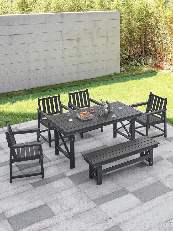 HDPE Outdoor Dining Set of 6, Patio Dining Table Set with 4 Chairs and 1 Bench - Photo 2