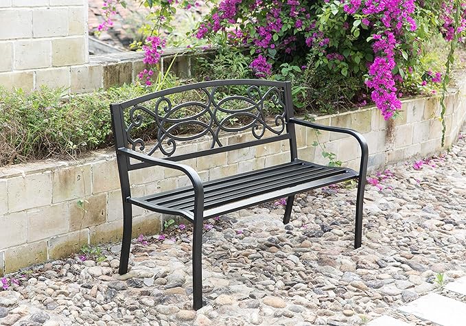 Gardenised QI003772 Steel Outdoor Patio Garden Park Seating Bench with Cast Iron Scrollwork Backrest, Front Porch Yard Bench Lawn Decor