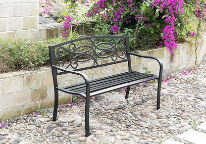 Gardenised QI003772 Steel Outdoor Patio Garden Park Seating Bench with Cast Iron Scrollwork Backrest, Front Porch Yard Bench Lawn Decor