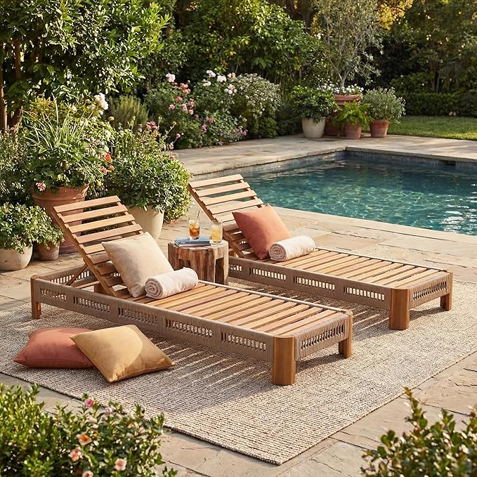 Christopher Knight Home Lamon Acacia Wood Chaise Lounge Chair Outdoor Set of 2, Woven Rope Accents - Photo 5