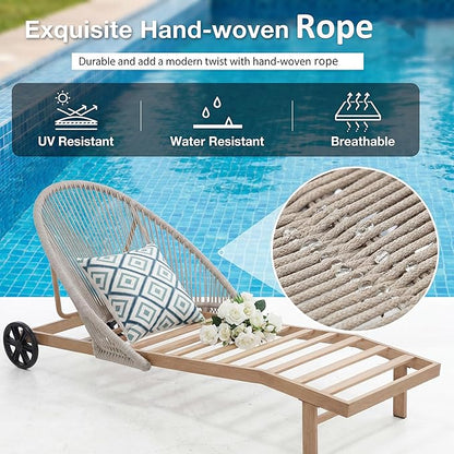 Lounge Chair Outdoor Set of 2 Chaise Lounger, Rope Lounge Chair Patio Chairs with Cushion & Backrest, Outdoor Chaise Lounges for Backyard, Poolside, Patio, Garden, Khaki