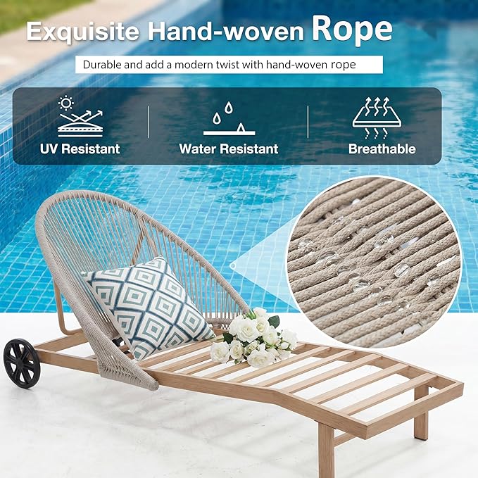 Patio Chaise Lounge Chair with Wheels, Outdoor Lounge Chairs with Thick Cushions, Patio Chaise Lounger Outdoor Handwoven Rope Armrests, Wicker Chairs for Outside, Poolside, Deck, Khaki