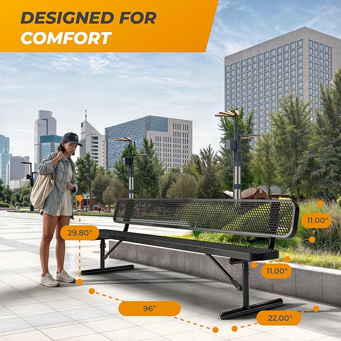 Heavy-Duty Outdoor Metal Bench, Thermoplastic-Coated, Portable, Weatherproof, Commercial-Grade for Parks, Gardens, Patios, Stores & More (8 Ft - Portable with Back, Black)