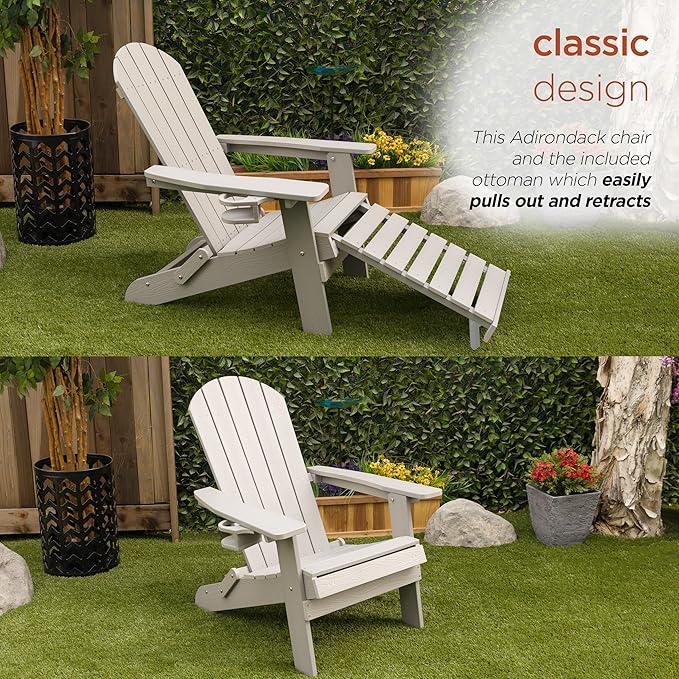 Alpine Corporation 38" H Outdoor Adirondack Folding Chair with Cup Holder and Ottoman, Classic Ergonomic Design, Patio Furniture and Accessories, Light Gray