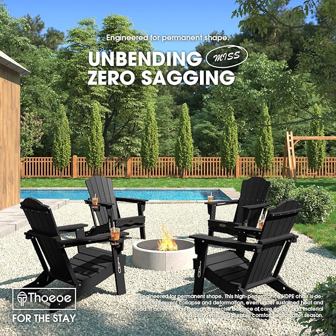 Folding Adirondack Chair Set of 2, HDPE All-Weather Outdoor Chair with Cup Holder, Wooden Textured, Fire Pit Chair - Photo 2