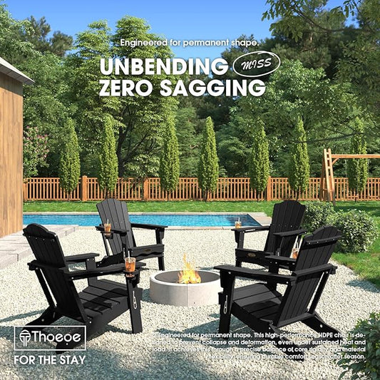 Folding Adirondack Chair Set of 2,HDPE All-Weather Outdoor Chair with Cup Holder,Wooden Textured,Fire Pit Chair,Plastic Patio Chair for Deck,Backyard,Garden,Lawn(Black)