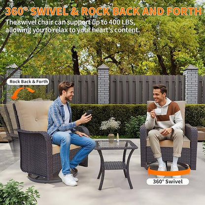 Gotland Outdoor Swivel Chairs Set of 2, 3 Pieces Patio Furniture Set with Thick Cushion, Wicker Rocking Patio Chairs Set of 2, Patio Bistro Set with Double-Layer Coffee Table for Balcony Porch Khaki