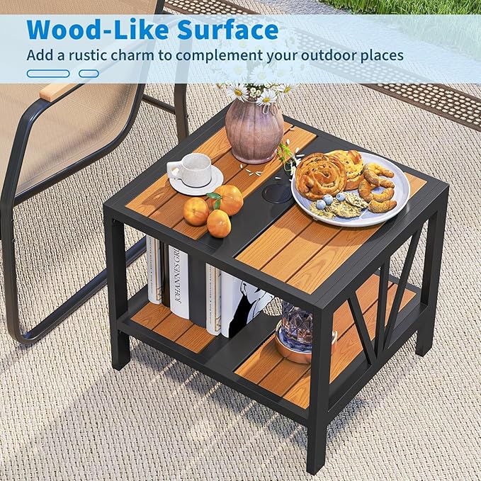 Tangkula Outdoor Side Table with 1.57” Umbrella Hole, 2-Tier Patio Metal End Table with Storage Shelf - Photo 5