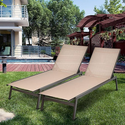 Giantex Chaise Lounge Chair Patio Chaise Lounger with 6-Position Adjustable Backrest and Breathable Fabric, Outdoor Recliner for Patio, Poolside, Backyard and Garden (2, Beige)
