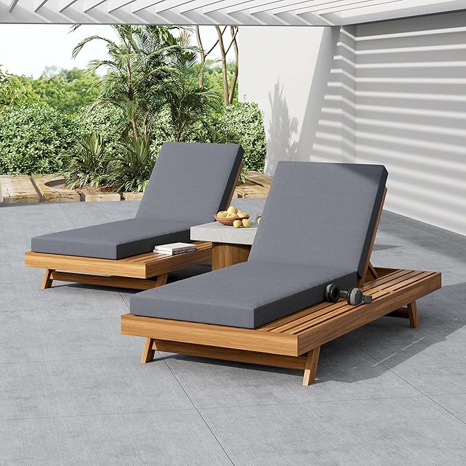 Acacia Wood Outdoor Chaise Lounge with Open Slatted Side, 4-Position Pool Lounge Chairs with All-Weather Cushion, Teak Finish Reclining Patio Chair, 300Lbs Capacity (Dark Grey, 4 inch)