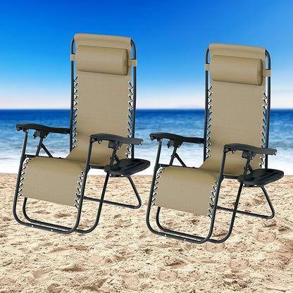 Lavish Home Zero Gravity Chairs - Set of 2 Outdoor Chairs with Side Tables with 2 Cupholders, Phone, and Tablet Holder and Chair Pillow (Beige)