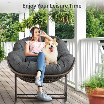 HOMEFUN Outdoor Patio Rocking Chairs, Oversized Papasan Rock Chair Indoor with Padded Cushion - Rocker Egg for Front Porch, Garden, Backyard Gray
