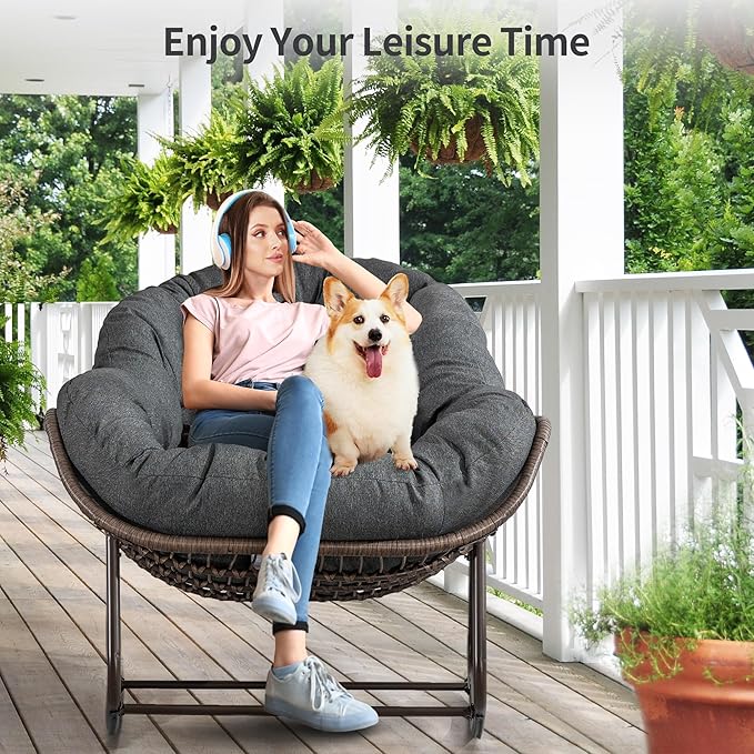 HOMEFUN Outdoor Patio Rocking Chairs Set of 2, Oversized Papasan Rock Chair Indoor with Padded Cushion - Rocker Egg Seat for Front Porch, Garden, Backyard Gray