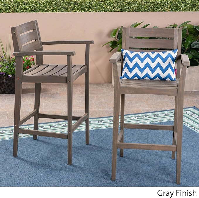 Christopher Knight Home Lera Outdoor Rustic Acacia Wood Barstool (Set of 2), Gray Finish