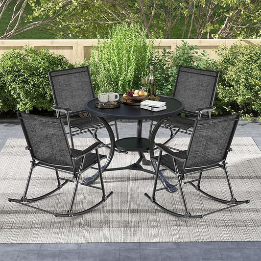 Tangkula Folding Rocking Chairs Set of 4, Patio Rockers with Breathable Seat Fabric & Sturdy Metal Frame, Smooth Rocking Motion, Heavy-Duty Outdoor Rocker for Backyard, Front Porch, Poolside