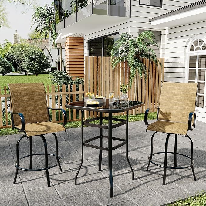 31.5 Inch Outdoor Patio Bar Table with Tempered Glass Top, Square High Top Pub Table All Weather Metal Frame for Balcony, Backyard, Poolside, Garden Furniture