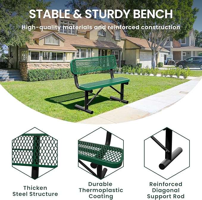 4 Feet Heavy Duty Metal Park Bench for Outside, Outdoor Bench with Backrest & Portable Frame, Commercial Benches for Shopping Malls, Stores, Parks, Patios, Decks, Green