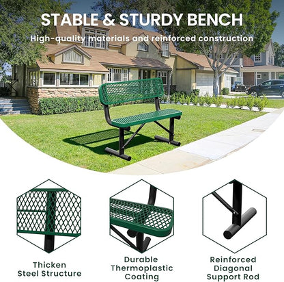 4 Feet Heavy Duty Metal Park Bench for Outside, Outdoor Bench with Backrest & Portable Frame, Commercial Benches for Shopping Malls, Stores, Parks, Patios, Decks, Green
