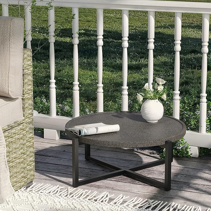 SUNBURY Outdoor Coffee Table Dark Grey, Round Top 12''H x 31.5''W Patio Coffee Table Concrete Finish, Cross Member Support w 4 Legs, Metal Frame