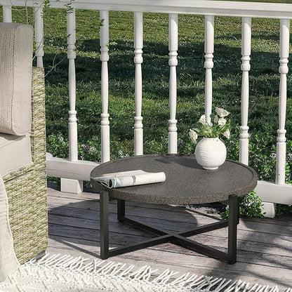 SUNBURY Outdoor Coffee Table Dark Grey, Round Top 12''H x 31.5''W Patio Coffee Table Concrete Finish, Cross Member Support w 4 Legs, Metal Frame