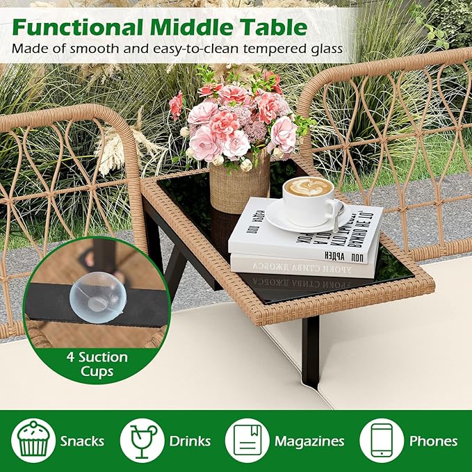 HAPPYGRILL Patio Rattan Loveseat, 2-Seat Wicker Chairs with Built-in Table, Outdoor Conversation Bench with Seat Cushions for Backyard, Front Porch, Garden