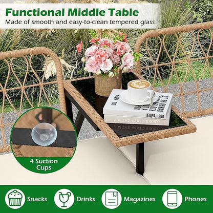 HAPPYGRILL Patio Rattan Loveseat, 2-Seat Wicker Chairs with Built-in Table, Outdoor Conversation Bench with Seat Cushions for Backyard, Front Porch, Garden