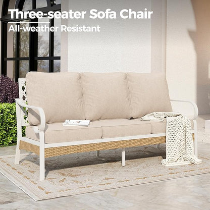 Metal Patio Furniture Sofa with 5.75" Extra Thick Cushion, 3-Seater Deep Seating & High-Back White Frame Outdoor Couch All Weather Outdoor Seating for Deck Gazebo Porch, Beige