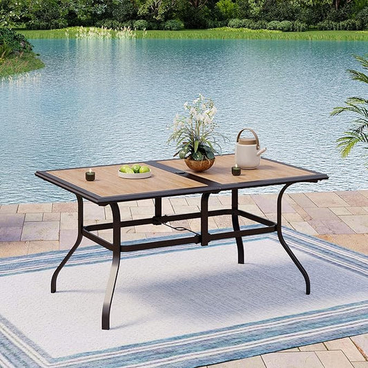 Outdoor Patio Dining Table for 6, 60" x 37" Rectangular Metal Patio Dining Table with Umbrella Hole and Faux Wood Tabletop, All Weather Wrought Iron Black Outdoor Table for Backyard and Porch