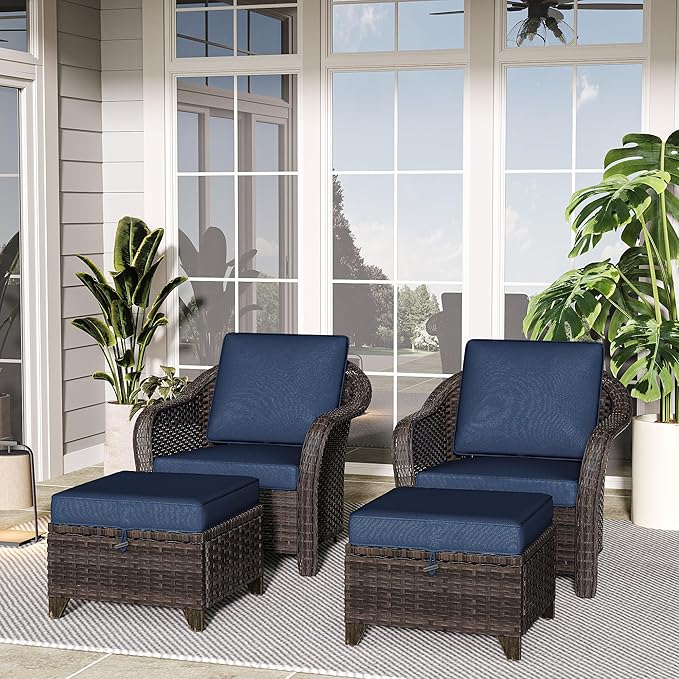 4 Pieces Patio Outdoor Conversation Furniture Set with Cushions, All-Weather Wicker Ottomans - Photo 8
