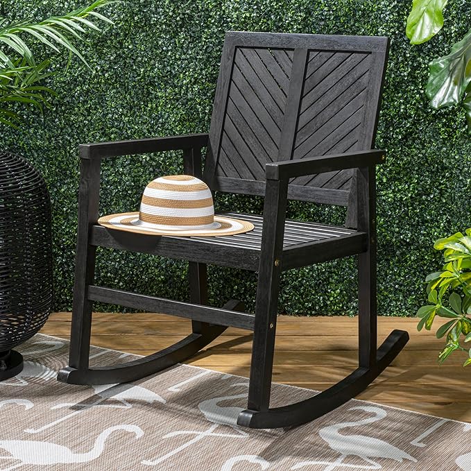 JONATHAN Y RCK100C Ned Modern Chevron-Back 300-Lbs Support Acacia Wood Patio Outdoor Rocking Chair for Garden, Lawn, Backyard, Pool, Deck, Beach, Firepit, Black